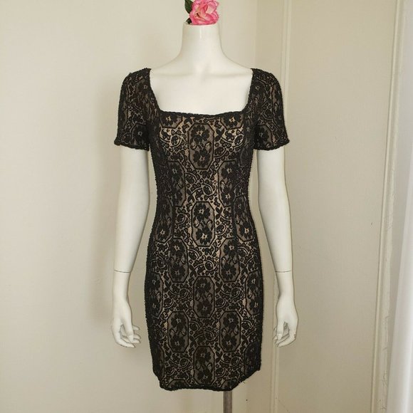 OLEG CASSINI BLACK TIE Size 4 Black & Beige LACE SEQUIN COCKTAIL DRESS - Picture 8 of 11